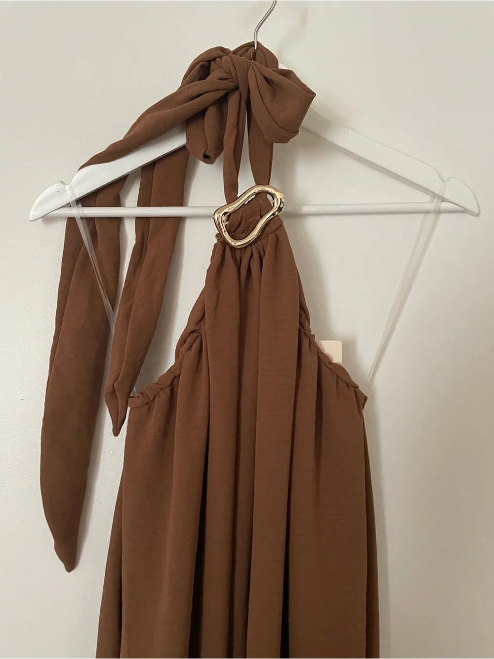 Italian made Brown Halter Maxi Dress with Gold Ring Detail - Picture 2 of 9
